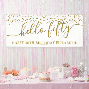 Gold Glitter Hello Fifty 50th Birthday Party Banne Banner