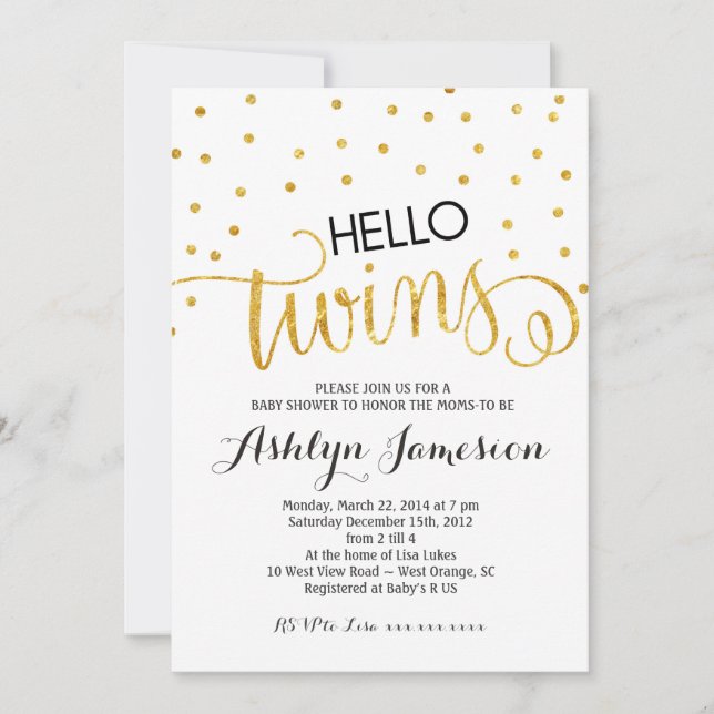 Gold Glitter Hello Twins Baby Shower Invitation (Front)
