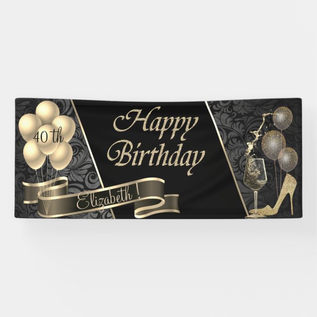 Gold Glitter High Heels, Balloons,Glass, Damask Banner (Horizontal)