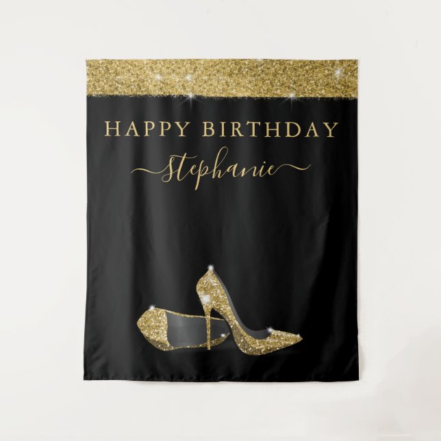 Gold Glitter High Heels Birthday Backdrop Tapestry (Front)