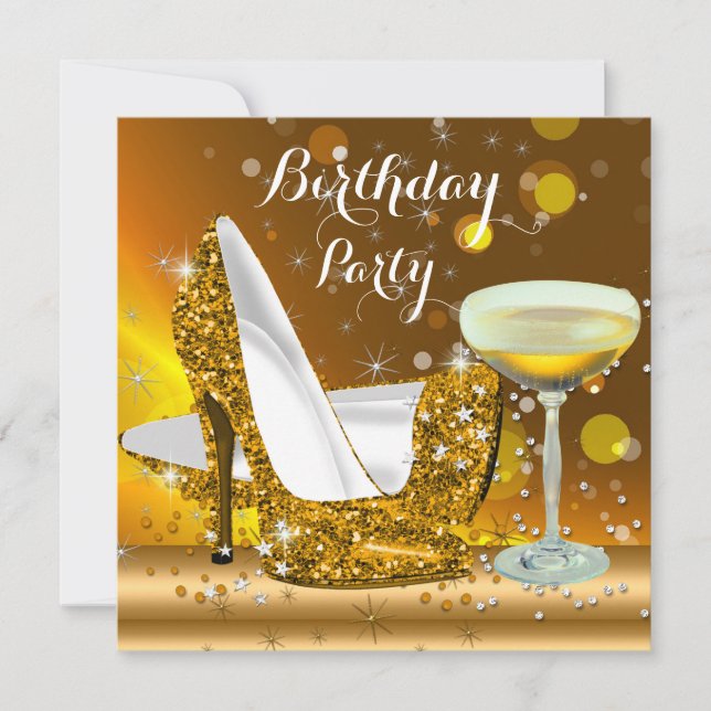 Gold Glitter High Heels Champagne Birthday Party 2 Invitation (Front)