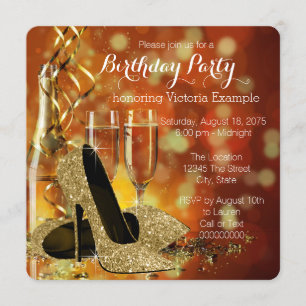 Gold Glitter High Heels Champagne Birthday Party Invitation