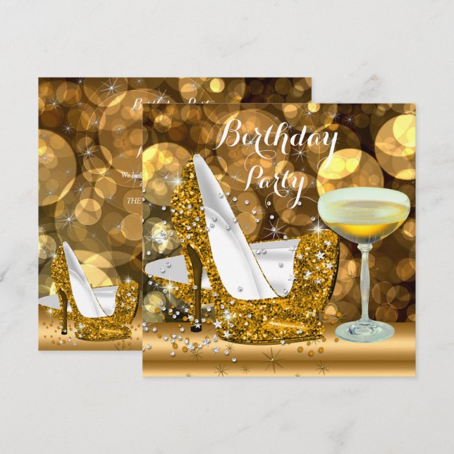 Gold Glitter High Heels Champagne Birthday Party Invitation (Front/Back)