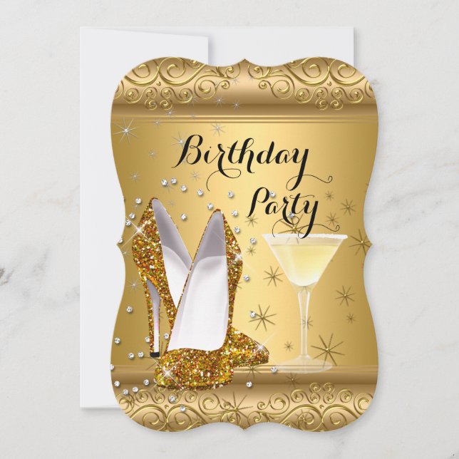 Gold Glitter High Heels Cocktail Birthday Party 4 Invitation (Front)