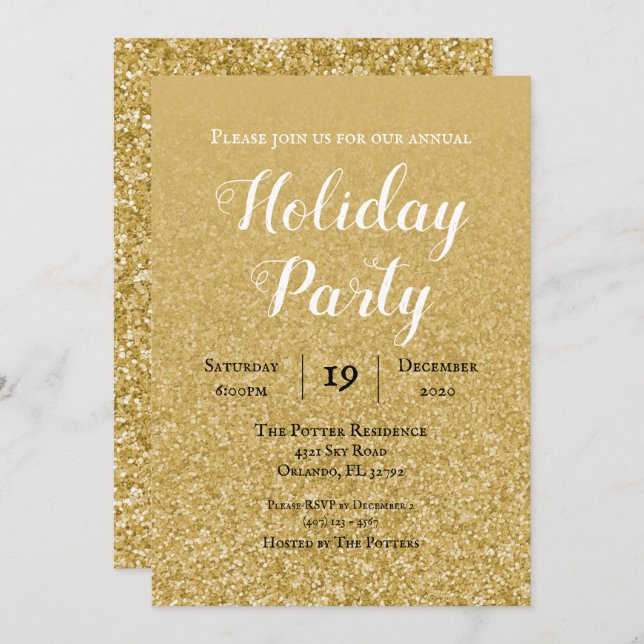 Gold Glitter Holiday Party Invitation (Front/Back)