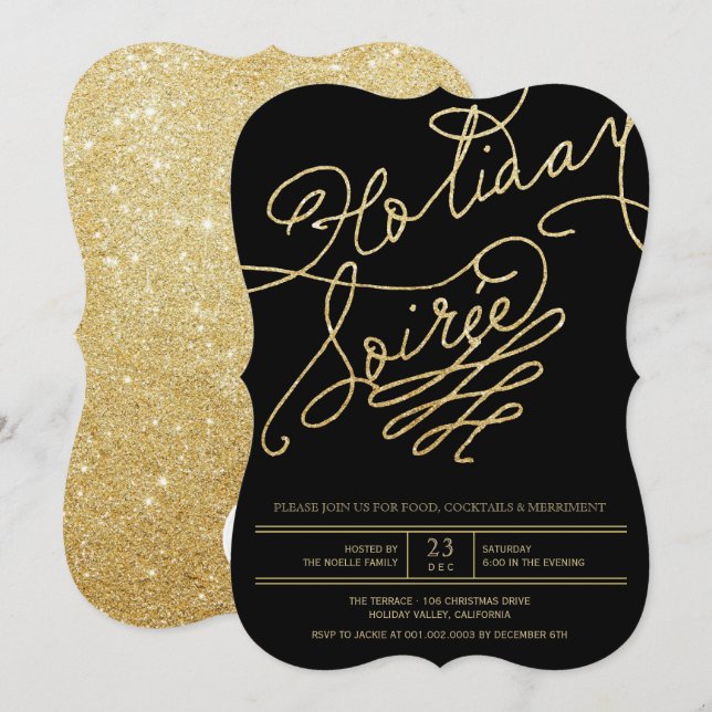 Gold Glitter Holiday Soiree Christmas Party Invite (Front/Back)