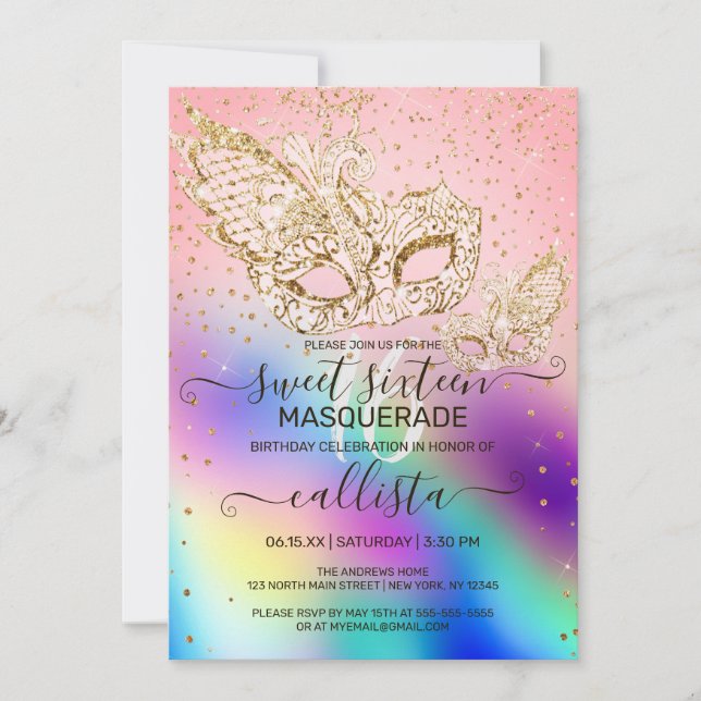 Gold Glitter Holographic Masquerade Sweet 16 Invitation (Front)