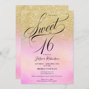 gold glitter holographic script chic Sweet 16 Invitation