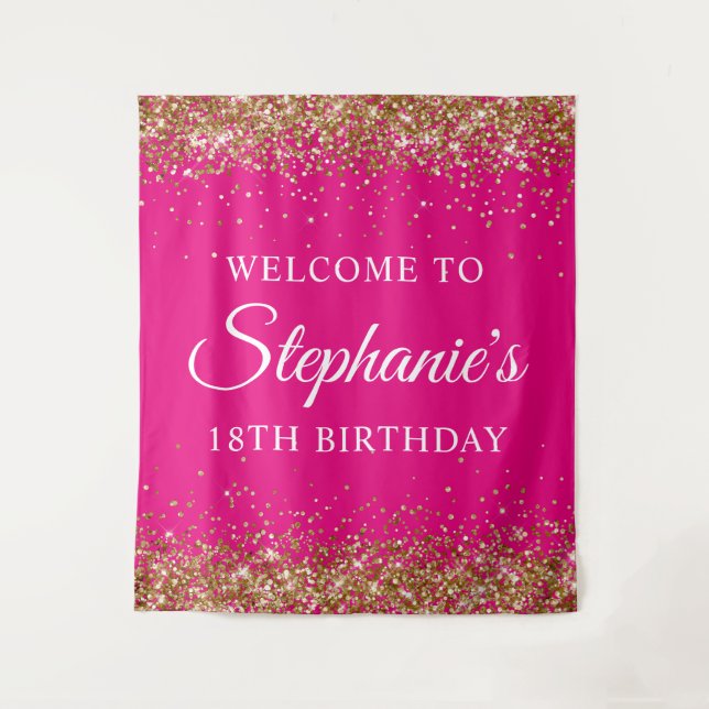 Gold Glitter Hot Pink 18th Birthday Party Welcome Tapestry (Front)