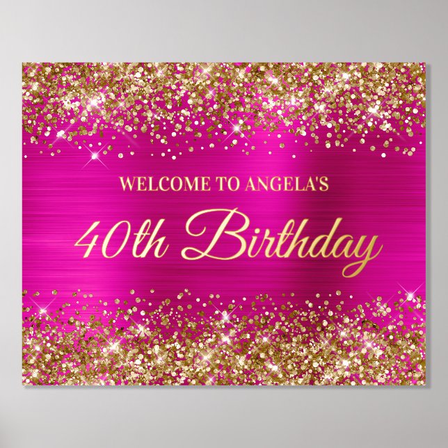 Gold Glitter Hot Pink 40th Birthday Welcome Foil Prints (Front)