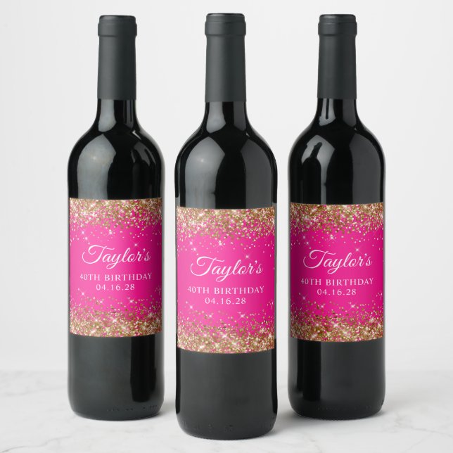 Gold Glitter Hot Pink 40th Birthday Wine Label (Bottles)