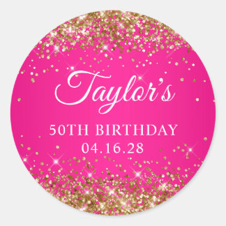 Gold Glitter Hot Pink 50th Birthday Classic Round Sticker