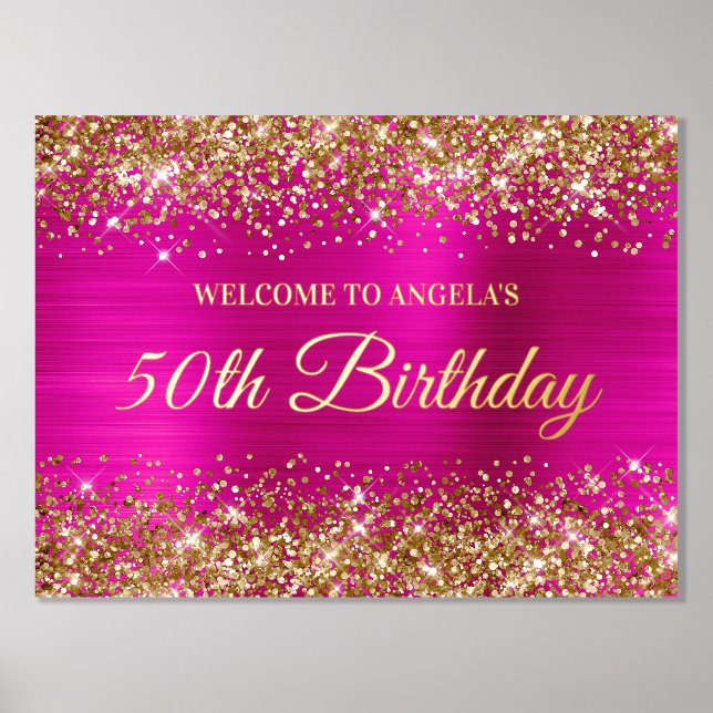Gold Glitter Hot Pink 50th Birthday Welcome Foil Prints (Front)