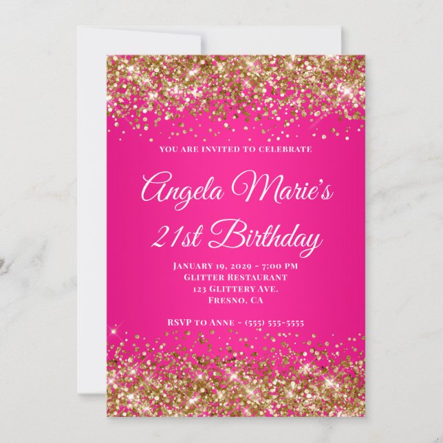 Gold Glitter Hot Pink Fancy Monogram 21st Birthday Invitation (Front)
