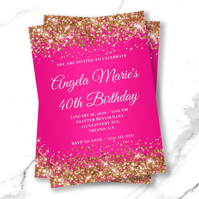Gold Glitter Hot Pink Fancy Monogram 40th Birthday Invitation (Gold Glitter Hot Pink Fancy Monogram 40th Birthday Invitation)