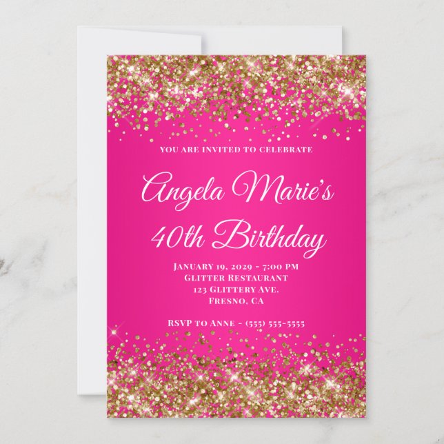 Gold Glitter Hot Pink Fancy Monogram 40th Birthday Invitation (Front)