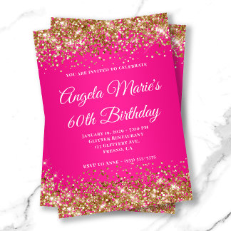 Gold Glitter Hot Pink Fancy Monogram 60th Birthday Invitation