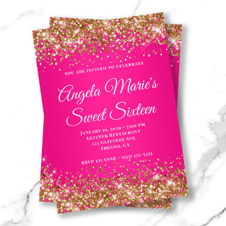 Gold Glitter Hot Pink Fancy Monogram Sweet Sixteen Invitation