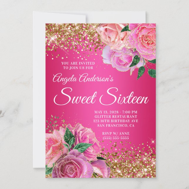 Gold Glitter Hot Pink Floral Glam Sweet Sixteen Invitation (Front)