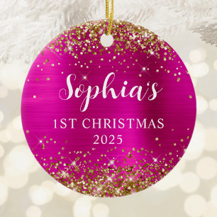 Gold Glitter Hot Pink Foil 1st Christmas Photo Ceramic Tree Decoration