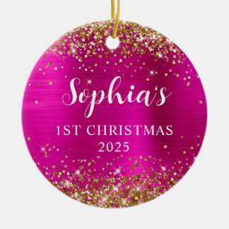 Gold Glitter Hot Pink Foil 1st Christmas Photo Ceramic Tree Decoration
