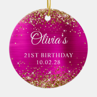 Gold Glitter Hot Pink Foil 21st Birthday Photo Ceramic Tree Decoration
