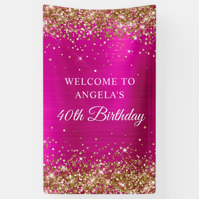 Gold Glitter Hot Pink Foil 40th Birthday V Banner (Vertical)