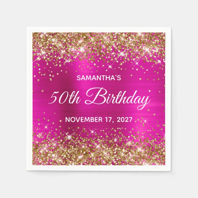 Gold Glitter Hot Pink Foil 50th Birthday Napkin (Front)