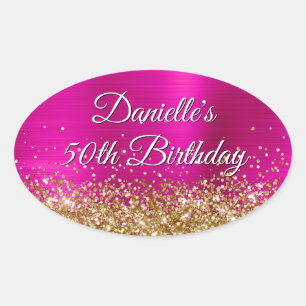 Gold Glitter Hot Pink Foil 50th Birthday Oval Sticker