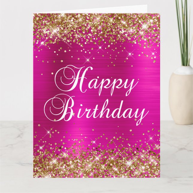 Gold Glitter Hot Pink Foil Big Happy Birthday Card (Front)