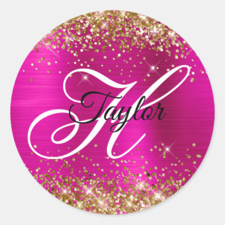 Gold Glitter Hot Pink Foil Fancy Monogram Classic Round Sticker