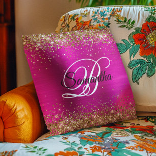 Gold Glitter Hot Pink Foil Fancy Monogram Cushion