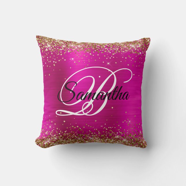 Gold Glitter Hot Pink Foil Fancy Monogram Cushion (Front)