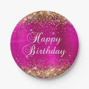Gold Glitter Hot Pink Foil Happy Birthday Paper Plate