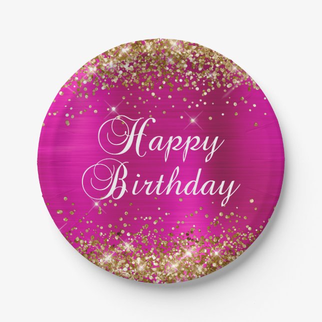 Gold Glitter Hot Pink Foil Happy Birthday Paper Plate (Front)