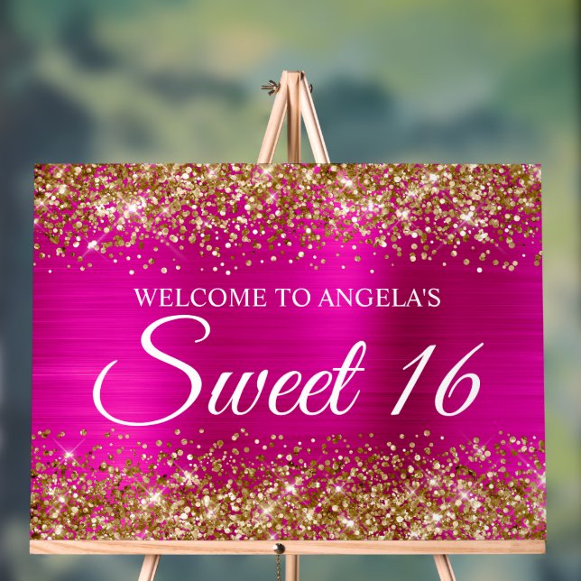 Gold Glitter Hot Pink Foil Sweet 16 Acrylic Sign (Neutral)