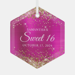 Gold Glitter Hot Pink Foil Sweet 16 Glass Tree Decoration