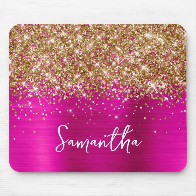 Gold Glitter Hot Pink Glam Name Mouse Mat (Front)