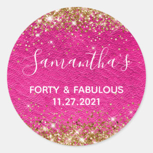 Gold Glitter Hot Pink Leather Forty and Fabulous Classic Round Sticker