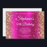 Gold Glitter Hot Pink Monogram 50th Birthday Invitation<br><div class="desc">Create your own fancy monogram stylish milestone 50th birthday celebration invitation for her. Decorative sparkly faux gold glitter graphics side edges over a hot pink brushed metal foil style digital art. Customise the invitation and monogram font colours or styles. The luxury sparkles, glitter and foil will be created with artistic...</div>