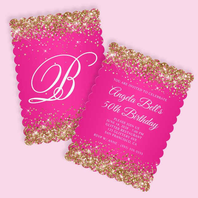 Gold Glitter Hot Pink Monogram 50th Birthday Invitation (Create your own faux golden glitter and hot pink birthday invite.)