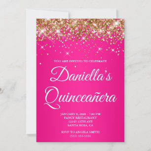 Gold Glitter Hot Pink Ombre Quinceañera Invitation