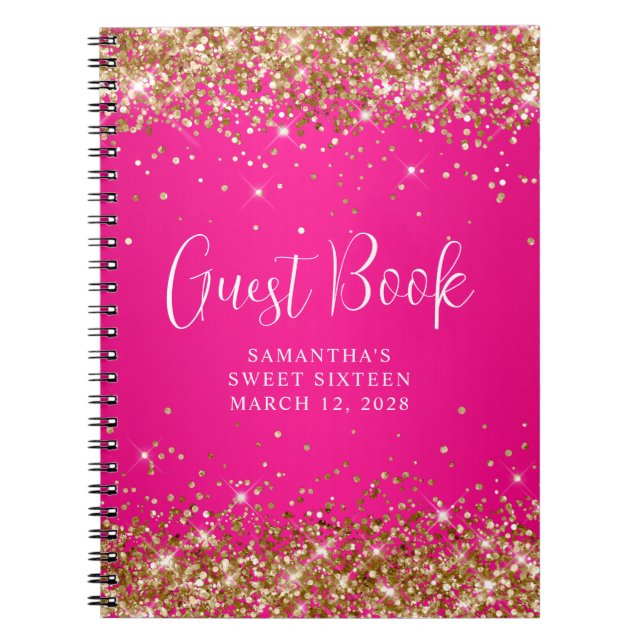 Gold Glitter Hot Pink Ombre Sweet 16 Guest Notebook (Front)