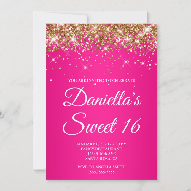 Gold Glitter Hot Pink Ombre Sweet 16 Invitation (Front)
