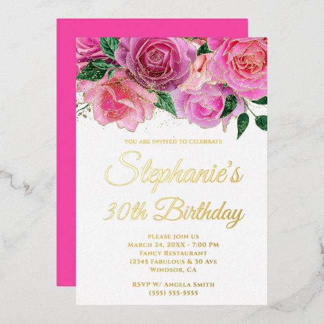 Gold Glitter Hot Pink Rose Glam 30th Birthday (Front/Back)