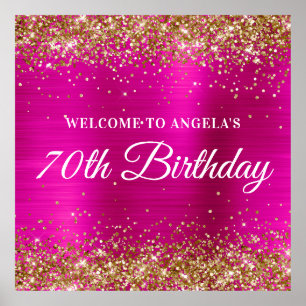 Gold Glitter Hot Pink Square 70th Birthday Welcome Poster