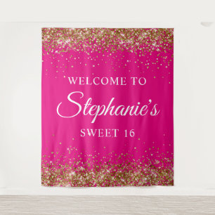 Gold Glitter Hot Pink Sweet 16 Birthday Welcome Tapestry