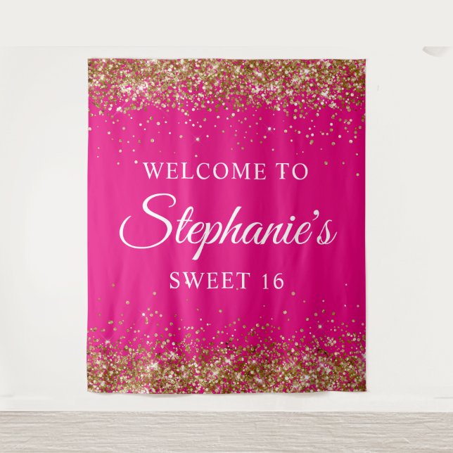 Gold Glitter Hot Pink Sweet 16 Birthday Welcome Tapestry (Front)