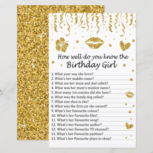 Gold glitter How well do you know the birthday gir (Front/Back)