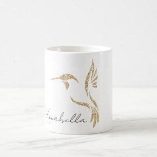 Gold Glitter Hummingbird and Custom Name Coffee Mug